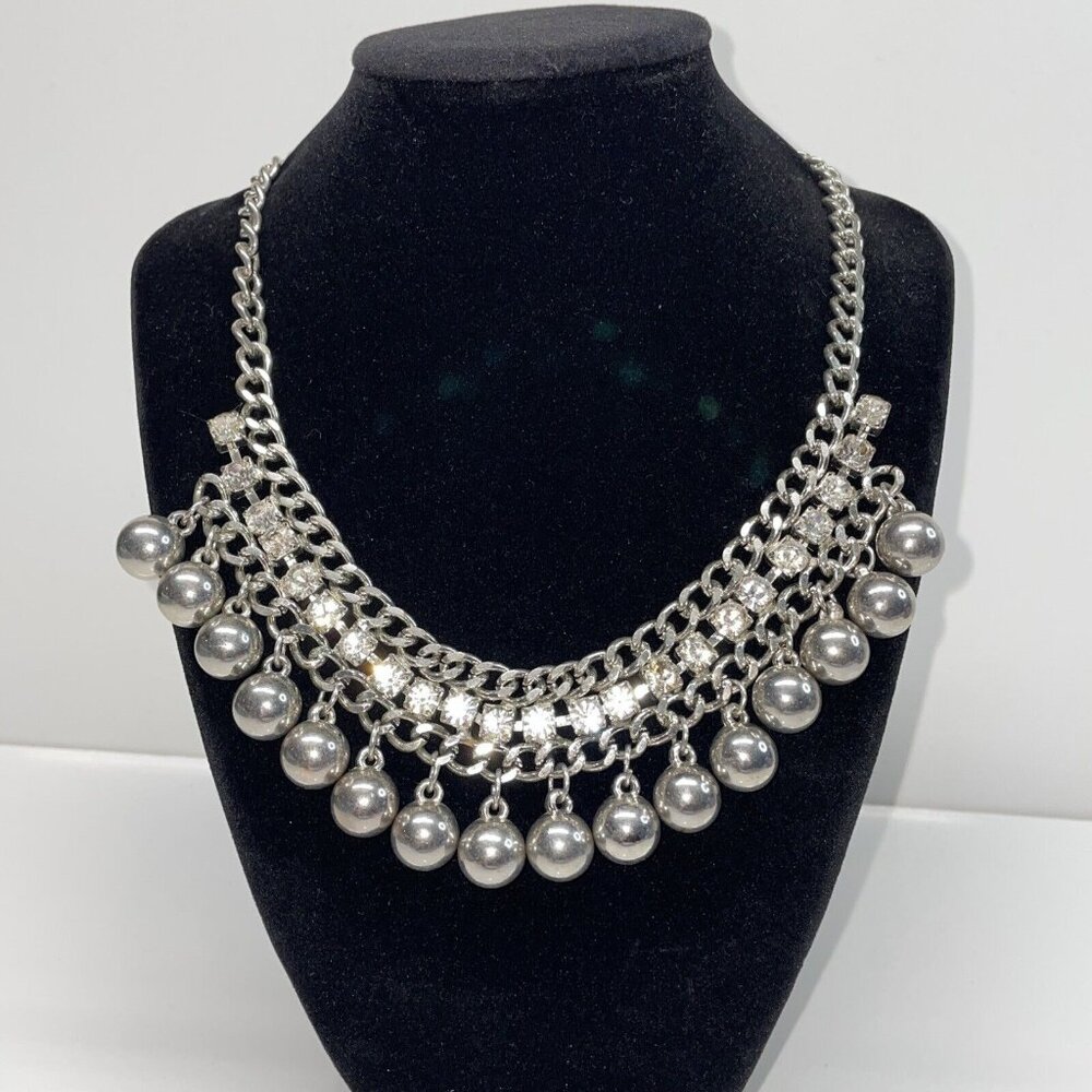 Silver Tone rhinestone metal bead dangle collar statement chunky necklace sl51